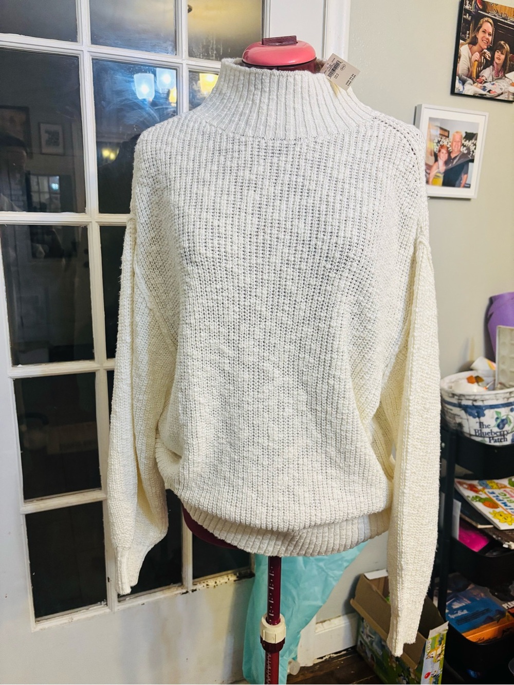 Women's Cream Mock Neck Ribbed Knit Sweater